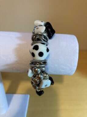 Black, White, and Silver Charm Bracelet, Stretchy, Will fit Most Wrists